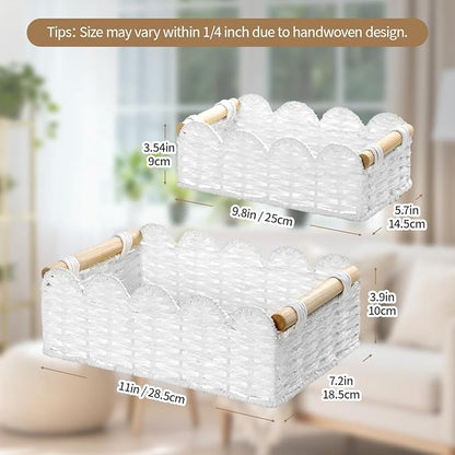 Graciadeco 2 Pack Scalloped Wicker Basket Paper Rope Storage Baskets with Wooden Handles Hand-Woven Organizer Bin Wicker Storage Baskets for Organizing, Home Decor (White)