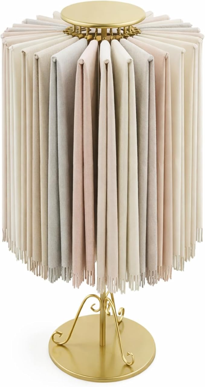 Novabright Adjustable Freestanding 360° Rotating Scarf Display Rack with 30 Rods, Gold Tie Belt Hanger Shawl Shelf Hijab Stand, 35.43-56" Height Scarf Holder for Boutique Clothing Store Home Storage