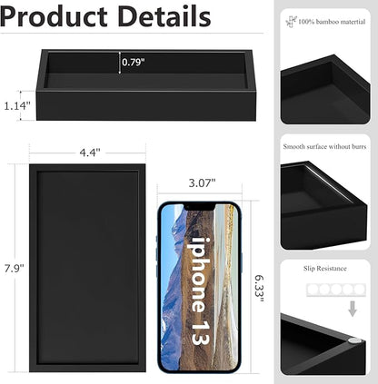 ZHWS Small Bathroom Vanity Tray for Countertop Makeup Perfume Decor Candle Jewelry, Small Kitchen Tray for Soap Dispenser Spice Sponge Holder Black Toilet Tray 7.9”L x 4.4”W x 1.14”H