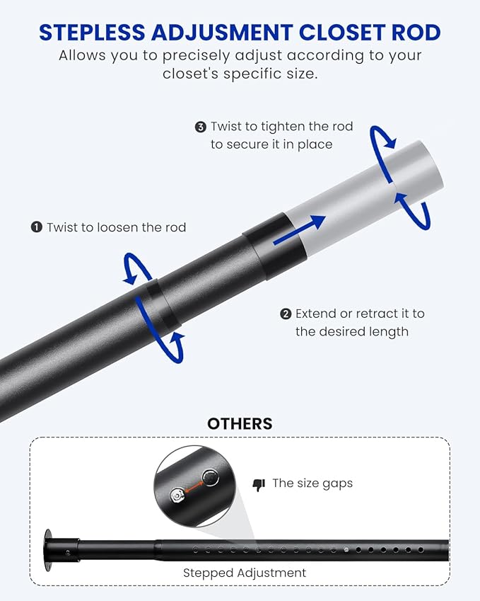 Supforce Closet Rods for Hanging Clothes, 17 to 28 Inches Stepless Adjustable Metal Closet Rod, 1.3 Inches Heavy Duty Clothes Hanging Rod for Closet Wardrobes Laundry RV, Black