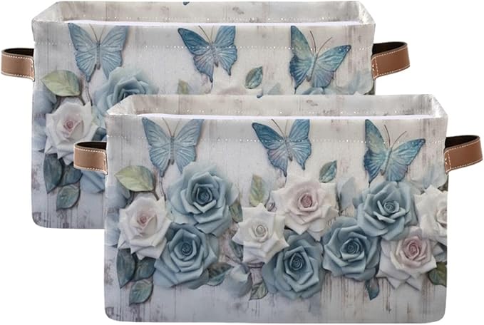 YETTASBIN Rose Butterfly Storage Basket 2pc, Large Collapsible Toys Clothes Organizer, Durable Canvas Storage Bin with Handle for Shelves Closet Laundry Home Office Decor