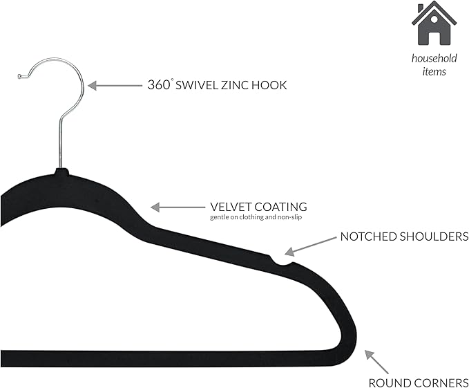 Simplify Slim Velvet Clothes Hangers | 100 Pack | Non-Slip | Shirts | Suit | Pants | Dresses | Garments | Closet Storage & Organization | Durable | Black