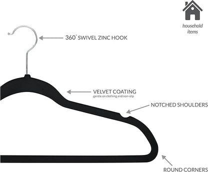Simplify Slim Velvet Clothes Hangers | 100 Pack | Non-Slip | Shirts | Suit | Pants | Dresses | Garments | Closet Storage & Organization | Durable | Black