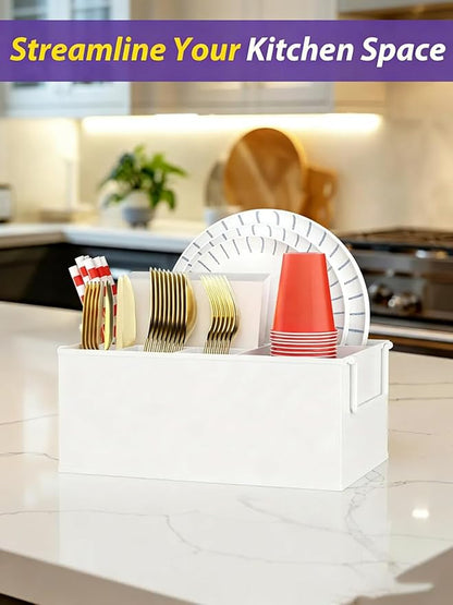 NelyBet Paper Plate Holder Reusable - Outdoor Utensil Caddy with Dual Handles, Perfect for Cutlery Holder, Picnic Caddy, and Silverware Holder for Party, Everyday Dining Essentials, White
