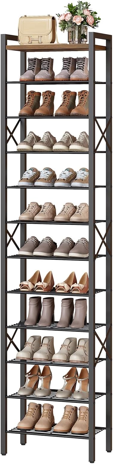 YATINEY 12-Tier Narrow Shoe Rack, Tall Shoe Rack for 12-24 Pairs, Slim Shoe Storage Organizer with Wooden Top, Space Saving, Metal Frame, for Entryway, Rustic Brown and Black SS61BR
