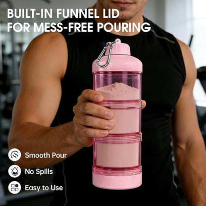 BYLWORKOUT 3-Layer Protein Powder Travel Container with Funnel and Keychain | Portable Food Storage Organizer for Gym, Fitness, Kitchen, Camping, Hiking, and Travel (Pink)