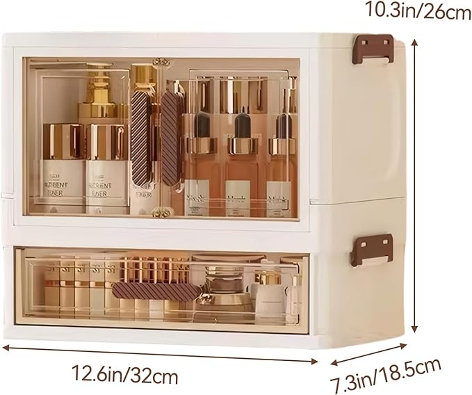 A stackable desktop organizer with drawers and compartments, ideal for storing cosmetics, beauty tools, jewelry, and school supplies in a student dorm. Features a convenient magnetic door handle.