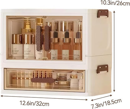 A stackable desktop organizer with drawers and compartments, ideal for storing cosmetics, beauty tools, jewelry, and school supplies in a student dorm. Features a convenient magnetic door handle.