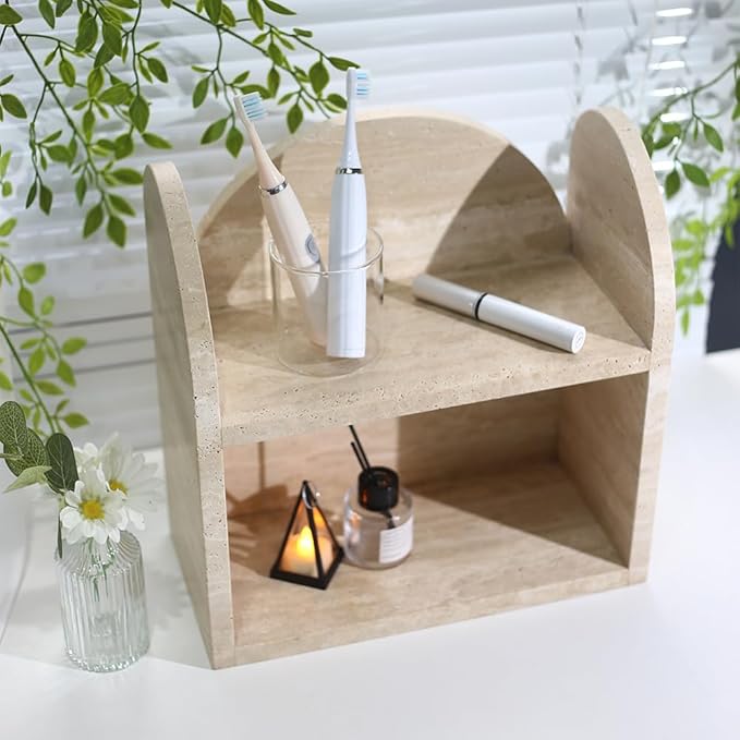 DUANYAN Travertine Bathroom Counter Organizers and Storage, 2-Tier Luxurious Makeup Organizer for Perfume Cosmetic Skincare Jewelry, Natural Stone Counter Shelf, No Assembly Required