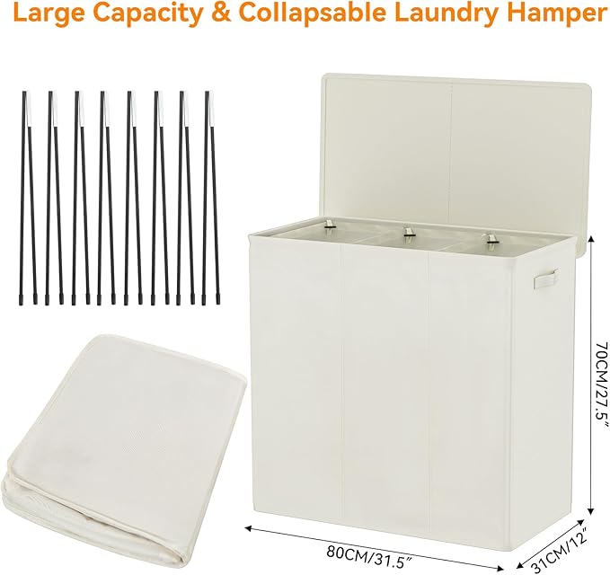 WOWLIVE 180L Laundry Hamper with Lid 3 Section,Large Laundry Basket with Removable Bags and Handles,Collapsible Dirty Clothes Hampers for Laundry,Laundry Basket Organizer for Laundry Room,Dorm,Beige