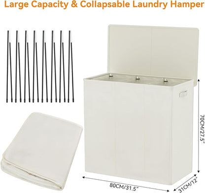 WOWLIVE 180L Laundry Hamper with Lid 3 Section,Large Laundry Basket with Removable Bags and Handles,Collapsible Dirty Clothes Hampers for Laundry,Laundry Basket Organizer for Laundry Room,Dorm,Beige