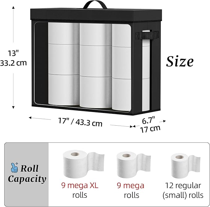 NAMTSO Bathroom Toilet Paper Storage with Lid - for Up to 12 Rolls | Storage Bins with Lids for Towel or Yarn | Free Standing | Foldable | Moisture Resistant | Clear Plastic Window | Black | 1 Pack