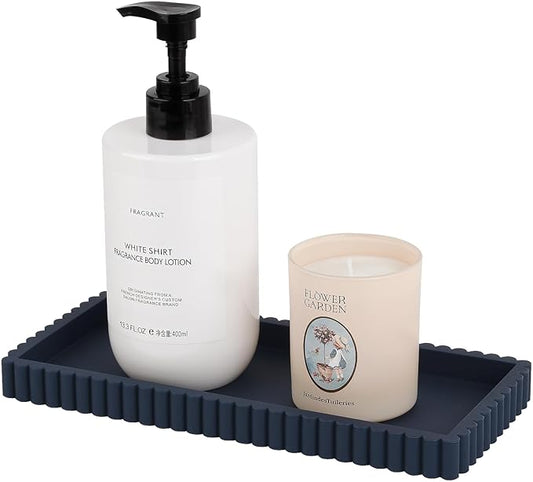 Silicone Bathroom Tray Small Vanity Organizer Rectangle Sink Caddy Sponge Holder Kitchen Counter Decor for Dish Soap, Perfume, Candle, Dark Blue