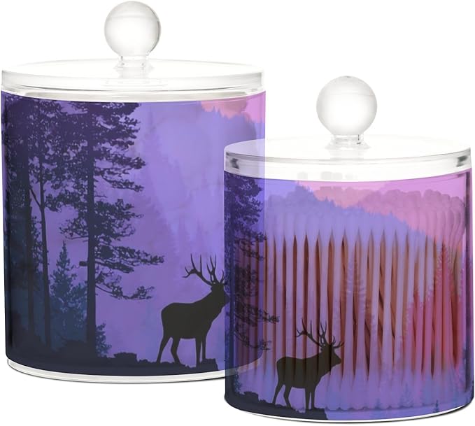 2 Pack Qtip Dispenser Apothecary Jars with Lids Cotton Round Holder Bathroom Canisters for Cotton Swab Floss Ball Pads Clear Plastic Decorative Purple Stag Mountains and Forest