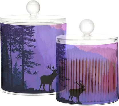 2 Pack Qtip Dispenser Apothecary Jars with Lids Cotton Round Holder Bathroom Canisters for Cotton Swab Floss Ball Pads Clear Plastic Decorative Purple Stag Mountains and Forest
