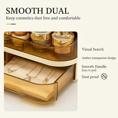 Makeup Organizer with Dual Drawers - Large Capacity Countertop Cosmetic Storage for Skincare Vanity Bathroom