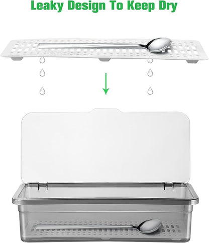 Cabilock Flatware Tray with Lid, Kitchen Cutlery Tray and Utensil Drawer Organizer, Silverware Countertop Storage Container with Cover 10 * 2.8 * 3.9 inches