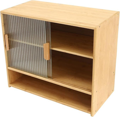 OUKANING 3 Tiers Small Bamboo Kitchen Pantry Sideboard with 2 Sliding Striped Glass Doors, Freestanding Kitchen Pantry Cabinet for Bottle, Dish, Bowl Console Dining Cupboard, Log-Colored