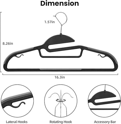 Heavy Duty Plastic Hangers 50 Pack with Non-Slip Design,0.2 Inches Thick,360°Swivel Hook Space Saving Organizer for Bedroom Closet,Shirts,Pants,Strong Enough for Coat(Black- S Shaped)