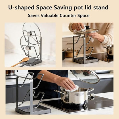 Pot Lid Organizer Rack, Kitchen Pot Lid Storage Rack, Carbon Steel 2-Tier Lids Holder with Detachable Drip Tray While Cooking, Pot Lid Holder Countertop, Multifunctional Space-Saving