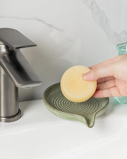 Soap Dishes, Ceramic Shower Soap Dish with Waterfall Design Bar Soap Holder Self Draining Soap Saver for Shower, Bathroom, Sink, Kitchen and Countertop, Green