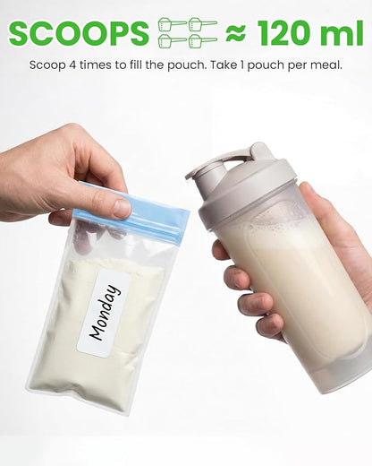 Lerine Reusable Protein Powder Container To Go, Protein Powder Travel Container Set, 14Pcs Single Dose Bags & 2Pcs Large Zip Bags, Portable Supplement Storage Containers with Funnel, Spoon