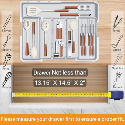 Homecor Large Utensil Organizer for Kitchen Drawer, Expandable Silverware Drawer Organizer Cooking Tray, Cutlery and Flatware Utensil Holder Kitchen Spatula Tools Storage with 3 Dividers, Grey