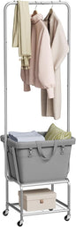 ELYKEN Laundry Cart with Hanging Rack, Rolling Laundry Hamper with Wheels, Laundry Basket with Removable Liner Bag and Shelf, Sturdy Metal Frame Dirty Clothes Basket for Hotel, Home, Closet, Dorm
