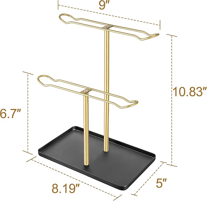 Headband Holder Organizer, 2-Tier T-bar Storage Stand with Tray for Hair Accessories Hairband Hair Clip, for Girls Women, Gold & Black