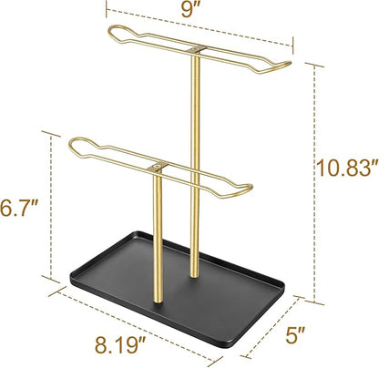 Headband Holder Organizer, 2-Tier T-bar Storage Stand with Tray for Hair Accessories Hairband Hair Clip, for Girls Women, Gold & Black