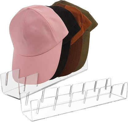 Acrylic Hat Organizer for Baseball Caps, 2-Pack No Installation Hat Rack, Clear Hat Stand Holder with 7 Slots, Non-Slip Adhesive, Bedroom, Entryway, Dresser, Tabletop, Display and Organize