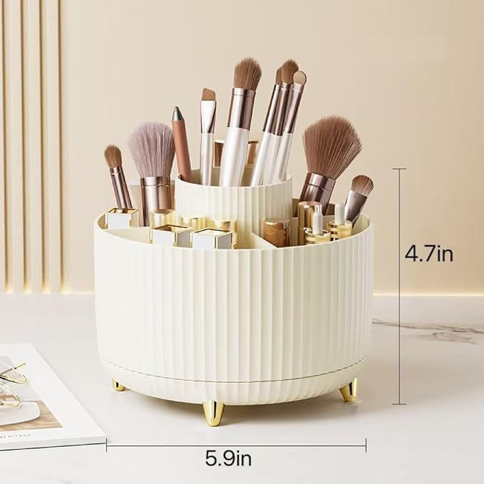 360 Degree Rotating Desktop Organizer,Makeup Brushes,Pencils,Desktop Stationery Storage Rotating Rack,Premium Plastic Organizer For Office,School And Home (Cream White)