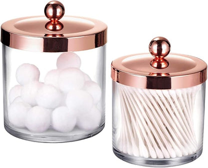 SheeChung 2-Pack Plastic Apothecary Jars with Rose Gold Metal Lids - 25oz & 15oz Clear Acrylic Qtip Holder Set - Shatterproof Bathroom Vanity Organizer for Cotton Balls, Swabs, Pads - Luxury Decor