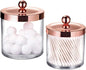 SheeChung 2-Pack Plastic Apothecary Jars with Rose Gold Metal Lids - 25oz & 15oz Clear Acrylic Qtip Holder Set - Shatterproof Bathroom Vanity Organizer for Cotton Balls, Swabs, Pads - Luxury Decor