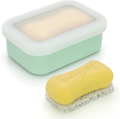 AIDIMMING Leak Proof Silicone Travel Soap Case, Compact Portable Soap Holder with a Translucent lid That Lets You See The soap Inside, Bar Soap Container for Traveling, Camping, Gym (Clear&Green)