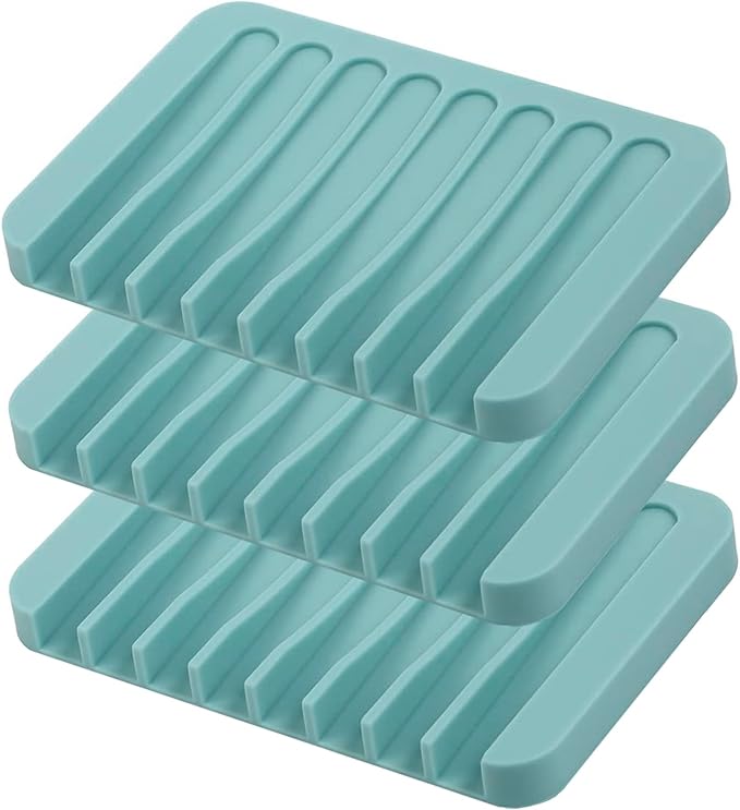 Self Draining Soap Dishes, 3 Pcs Silicone Soap Saver, Waterfall Drainer Soap Holder for Bathroom, Extend Soap Life, Keep Soap Bars Dry Clean & Easy Cleaning (Teal)