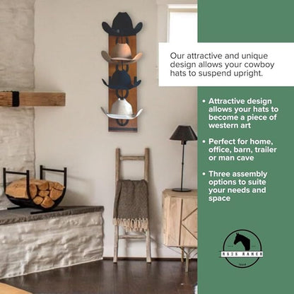 Cowboy Hat Rack For Wall Mount (34.6” x 10.1” x 13.5”) | Wood Cowboy Hat Holder | Hanging Western Hat Rack w/Metal Accents | Customizable Hat Organizer w/Handmade Horseshoe Mounts