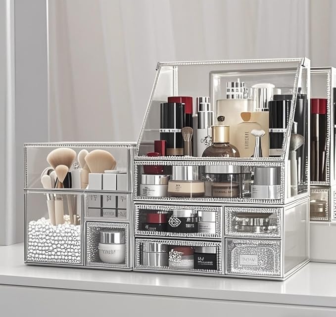 Tempered Glass Makeup Organizer with Heart Shaped Metal Frame, Large Cosmetic Storage Drawer Cabinet, Dustproof Vanity Display Case for Lipstick Makeup Brush Skincare Bathroom Bedroom