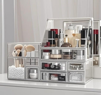 Tempered Glass Makeup Organizer with Heart Shaped Metal Frame, Large Cosmetic Storage Drawer Cabinet, Dustproof Vanity Display Case for Lipstick Makeup Brush Skincare Bathroom Bedroom