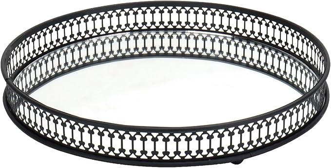 Perfume Tray, Mirror Tray, Vanity Decorative Tray with Metal for Dresser Bedroom Countertop Organizer,Mirrored Cosmetic Tray for Bathroom, Bedroom or Living Room, Black (Round)