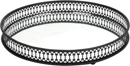 Perfume Tray, Mirror Tray, Vanity Decorative Tray with Metal for Dresser Bedroom Countertop Organizer,Mirrored Cosmetic Tray for Bathroom, Bedroom or Living Room, Black (Round)