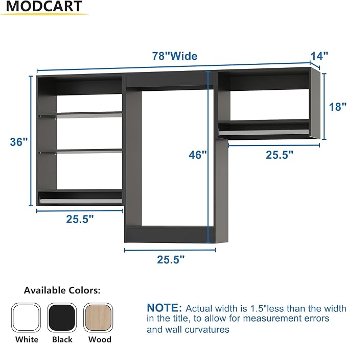 Modular Closet System, 78" Wide Organizer With Hanging Shelving, Wood Tower Storage for Walk In Closets, Wall Mounted Wardrobe Kit, Bedroom, Black