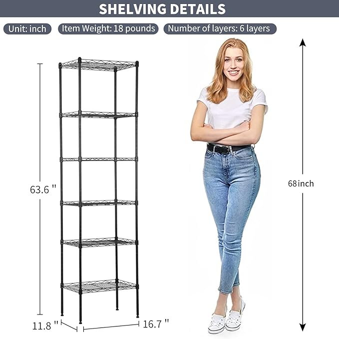 6-Shelf Wire Shelving Unit Adjustable Metal Shelving 600Lb Capacity Storage Shelves for Closet Kitchen Wire Rack Shelf Organizer for Small Space, 16.7D x 11.8W x 63H, Black