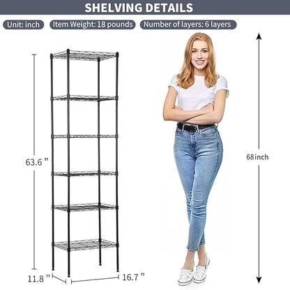 6-Shelf Wire Shelving Unit Adjustable Metal Shelving 600Lb Capacity Storage Shelves for Closet Kitchen Wire Rack Shelf Organizer for Small Space, 16.7D x 11.8W x 63H, Black