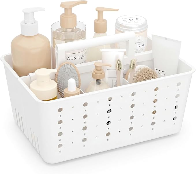 Lifewit Shower Caddy Portable, Cleaning Supplies Caddy Organizer with Handle and Adjustable Dividers, Plastic Shower Basket for Dorm Room Essentials, College, Bathroom, White, 1 Pack