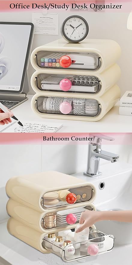 3-Tier Drawer Makeup Organizer for Vanity Small Desk - Non-Stackable Clear Front Cosmetic Storage Holder for Bathroom Counter & Office Desktop -7.9x7.5x7.3in (Cream White)