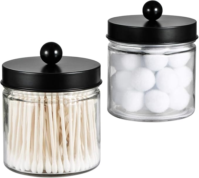 SheeChung Bathroom Organizers and Storage - 2Pack Qtip Holders Bathroom Canister Apothecary Jars for Cotton Swabs, Rounds, Balls, Qtips,Makeup Sponges, Flossers,Bath Salts - Black