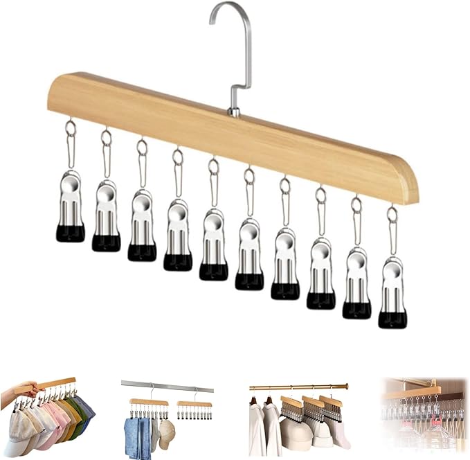 Closet Organizer with 10 Clips, Space Saving Hanging Closet Organizer, Legging Hanger for Closet Organizer with 10 Clip for Storing Jeans, Legging, Shorts (Wood-10 Clips, 1PC)