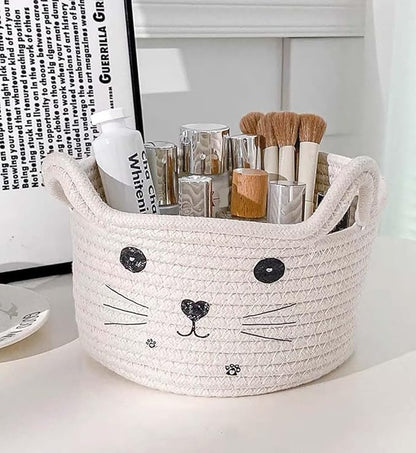 Cat Basket Storage Woven Basket Organizer with Ears Decorative Cute Pet Toy Basket Cotton Rope Basket for Gifts Cartoon Baby Nursery Basket 8.3 x 4.7 inches,White