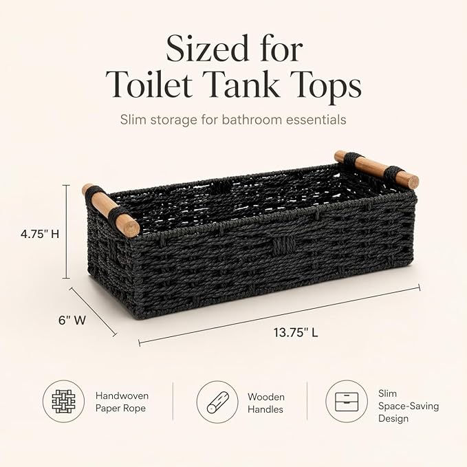Black Woven Bathroom Basket with Wood Handles — Toilet Paper Storage Organizer for Back of Toilet, Paper Rope Wicker Basket, Boho Bathroom Decor Tray for Countertop or Tank Top